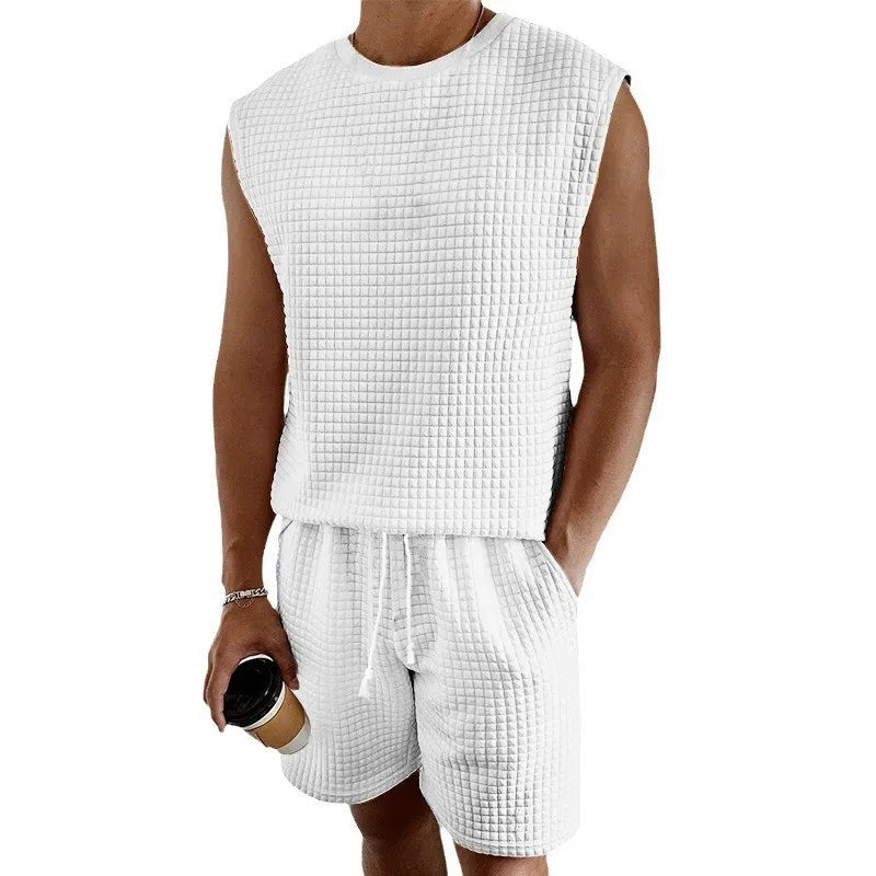 Männer Kurze Sets Casual Oansatz Ärmellose Waffel Westen Tops & Hohe Elastische Taille Kordelzug Breite Bein kurze Anzüge CBFS-2447